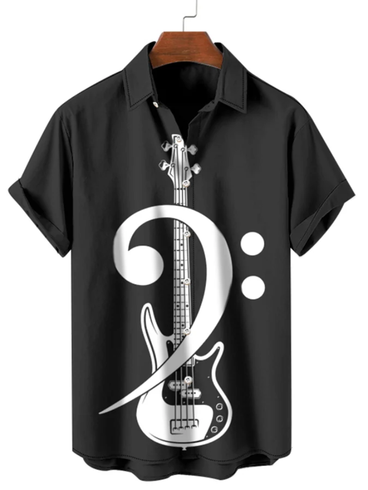 BrosWear Music Bass Clef Fashion Print Short Sleeve Shirt
