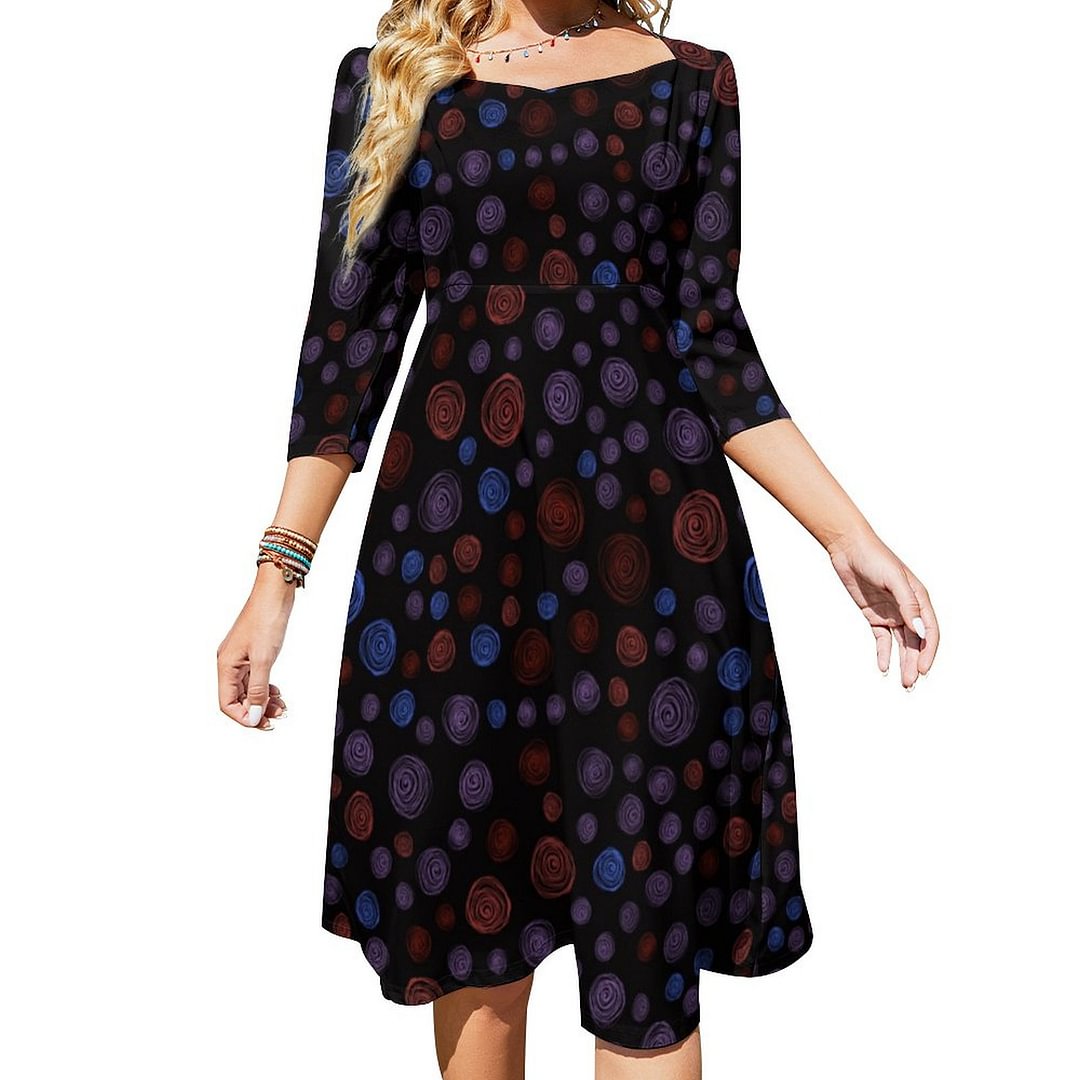 Black With Red Purple Blue Circle Pattern Dress Sweetheart Tie Back Flared 3/4 Sleeve Midi Dresses