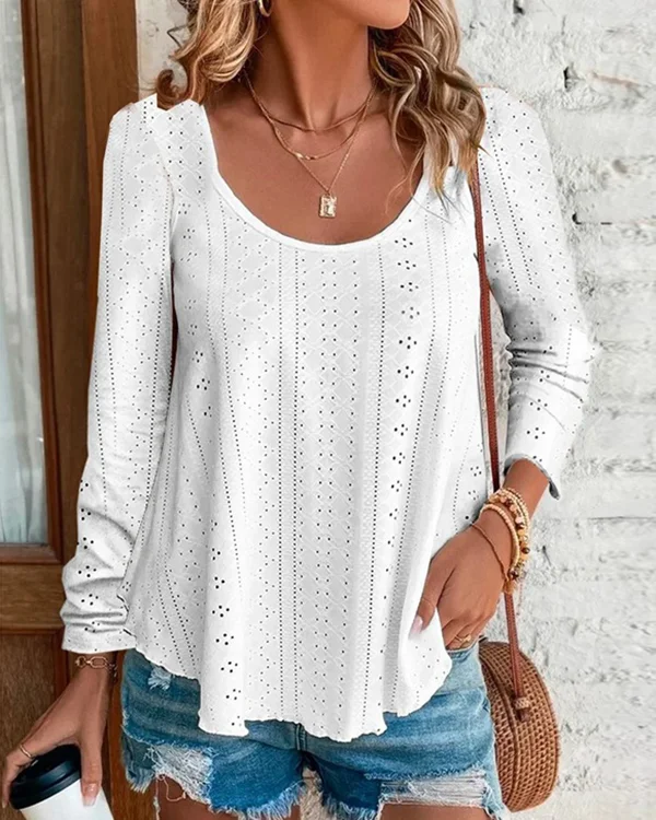 Women's Hollow Out Round Neck Blouses Long Sleeve Top