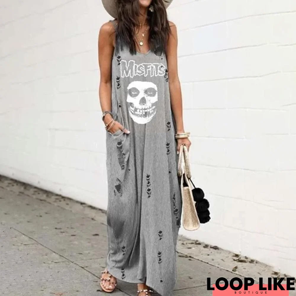 Fashion V-Neck Sleeveless Printed Ripped Loose Maxi Dress