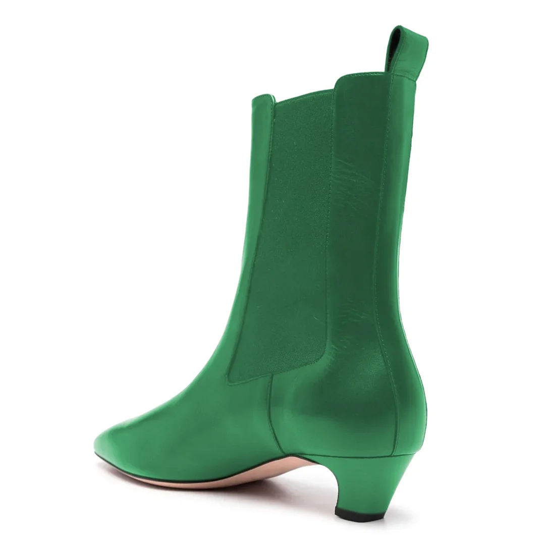 Metallic Green Pointed Toe Kitten Heel Slip On Chelsea Boots