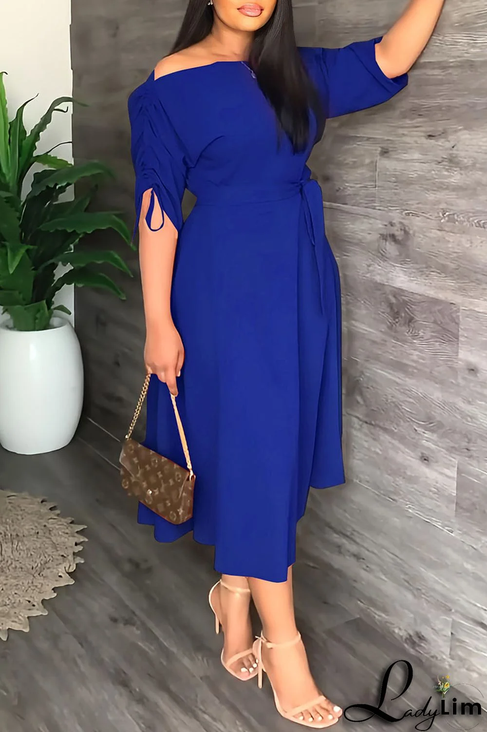 Red Casual Elegant Solid Patchwork Draw String Fold Oblique Collar Dresses