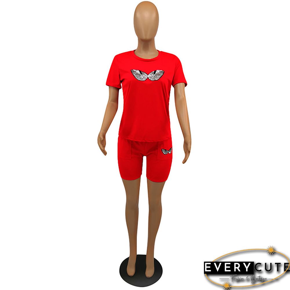 Red Sequined Eyes Printed 2pcs Set