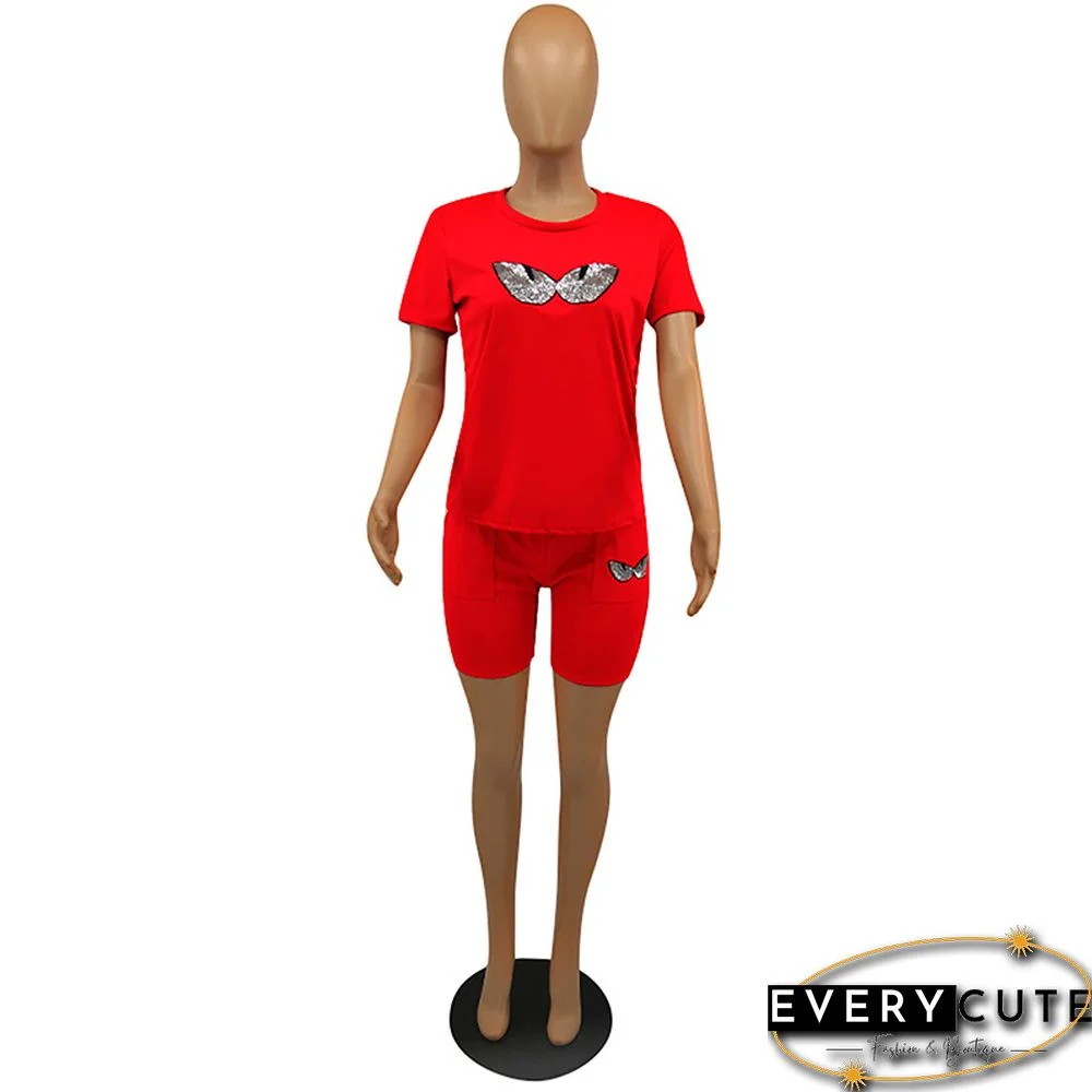 Red Sequined Eyes Printed 2pcs Set