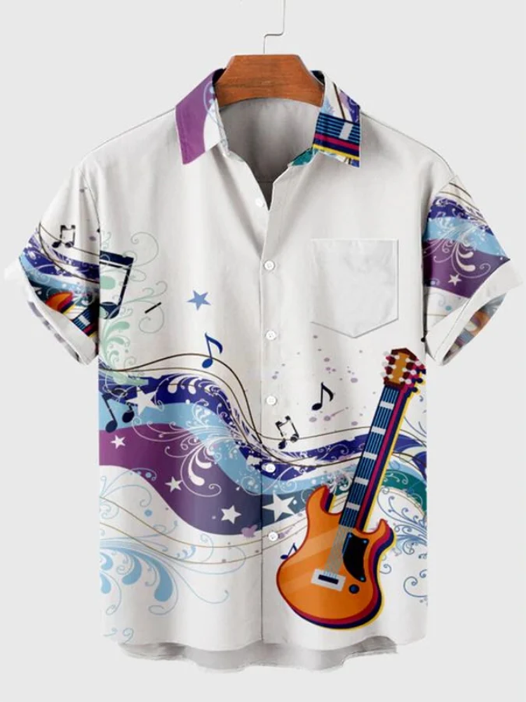 Broswear Music Element Fashion Print Short-Sleeved Lapel Shirt