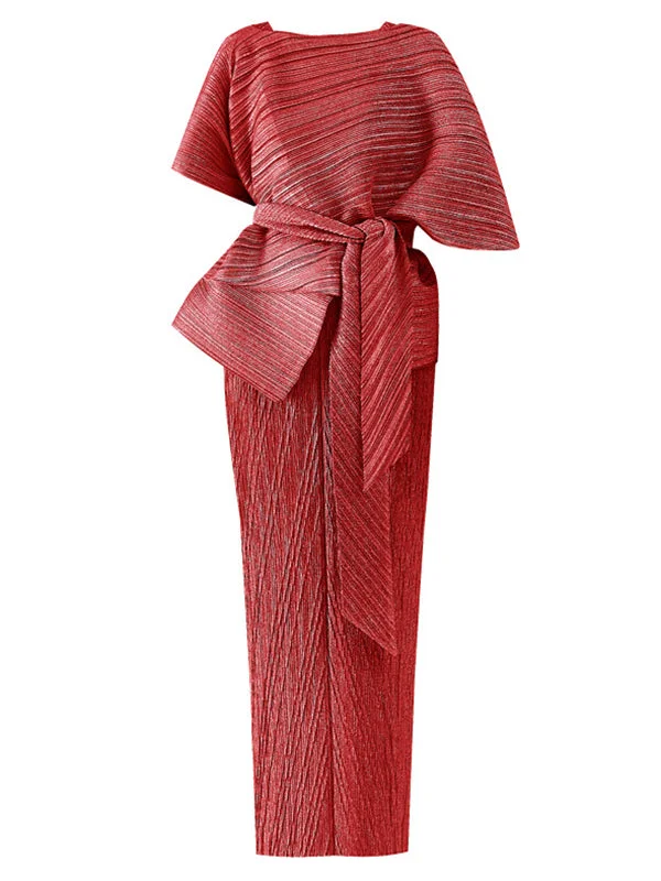Urban Loose Solid Color Tied Pleated Top&V-Back Vest Dress Two Pieces Set