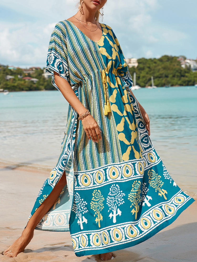 Printed Drawstring Loose-fit Large Size Kaftan Long Holiday Maxigown