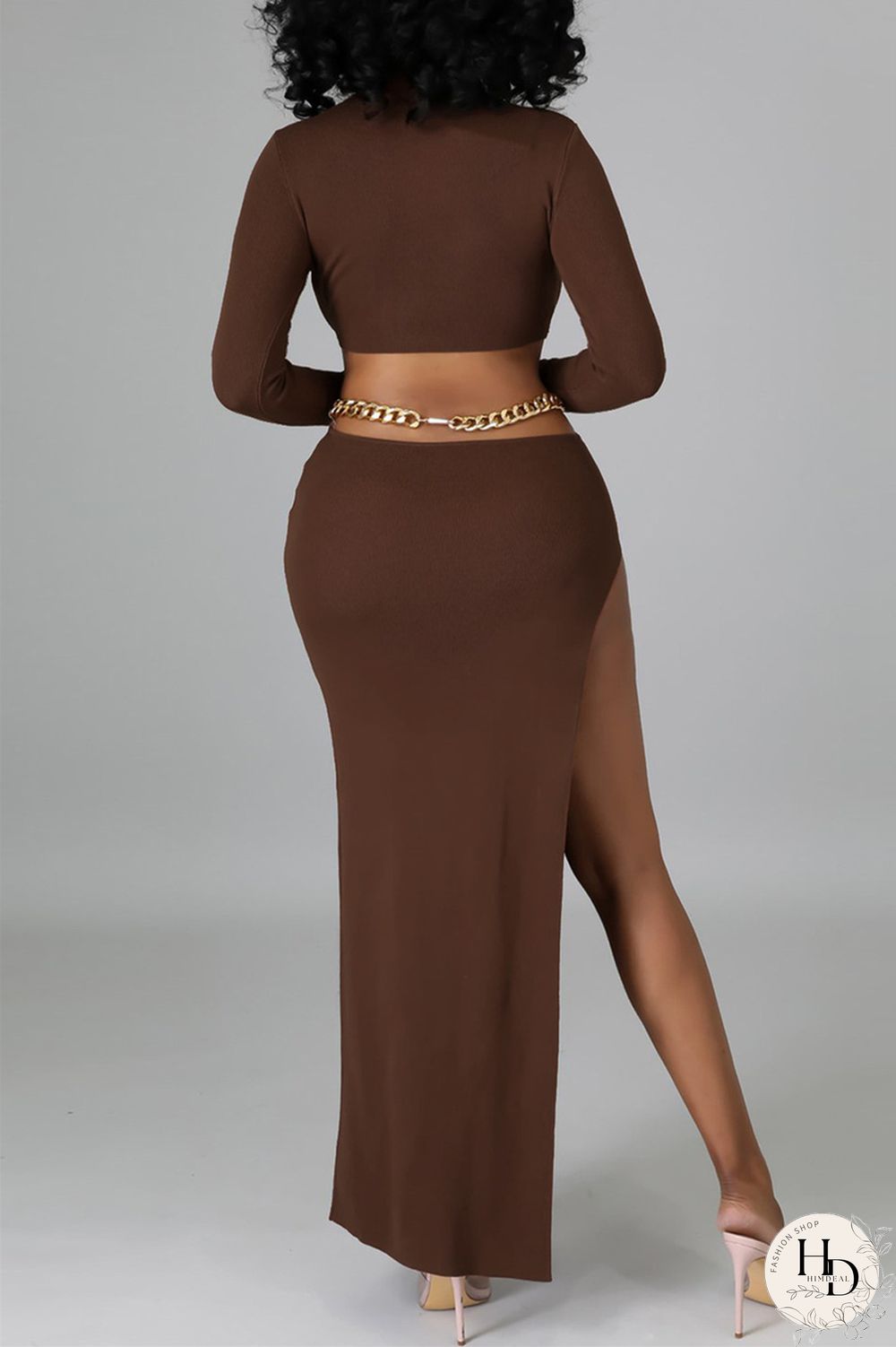 Black Fashion Sexy Solid Hollowed Out Slit O Neck Long Sleeve Dresses (Without Waist Chain)