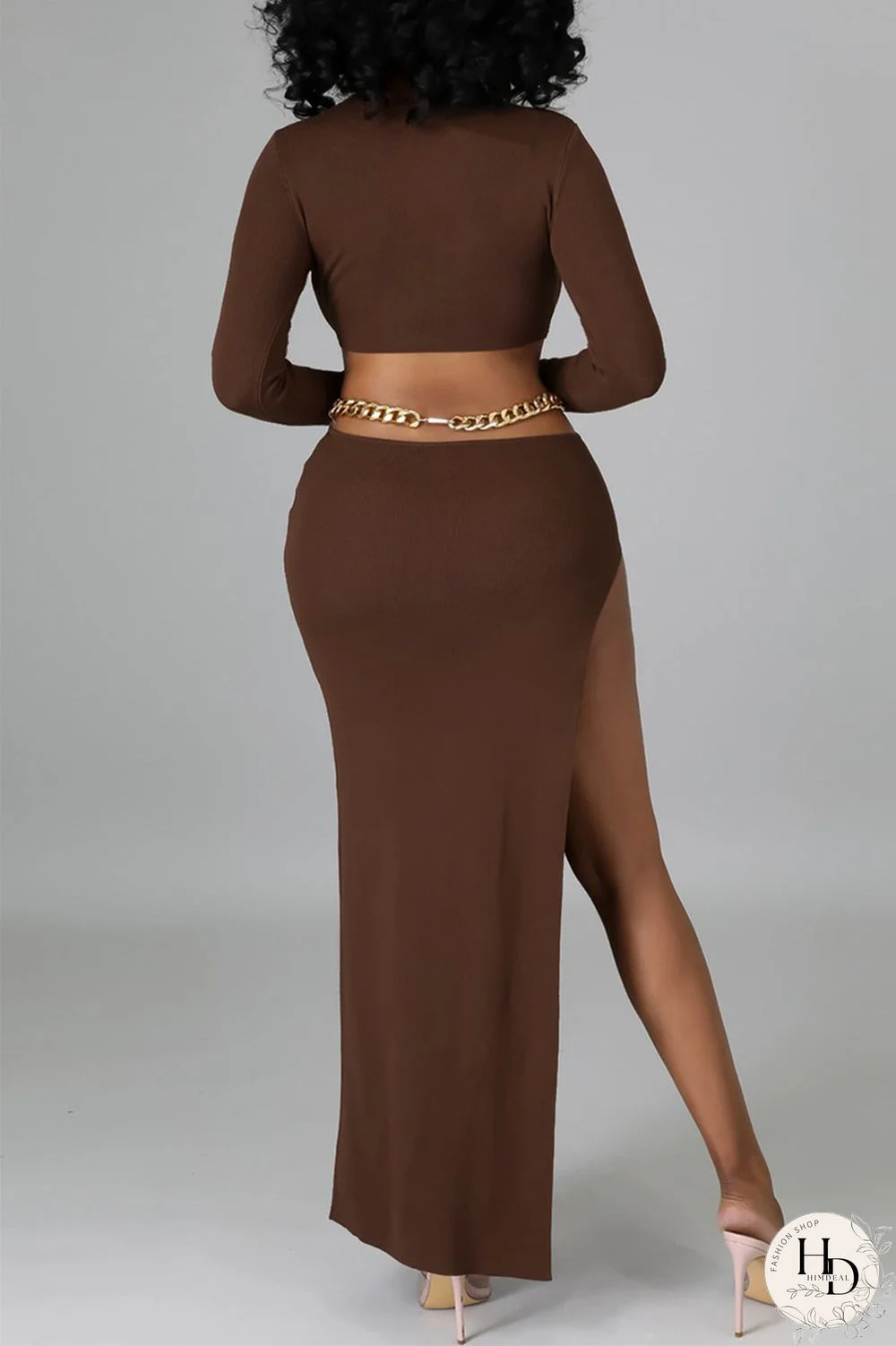 Black Fashion Sexy Solid Hollowed Out Slit O Neck Long Sleeve Dresses (Without Waist Chain)