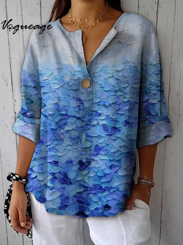 Gentle And Elegant Blue And White Gradient Printed Cotton And Linen Shirt