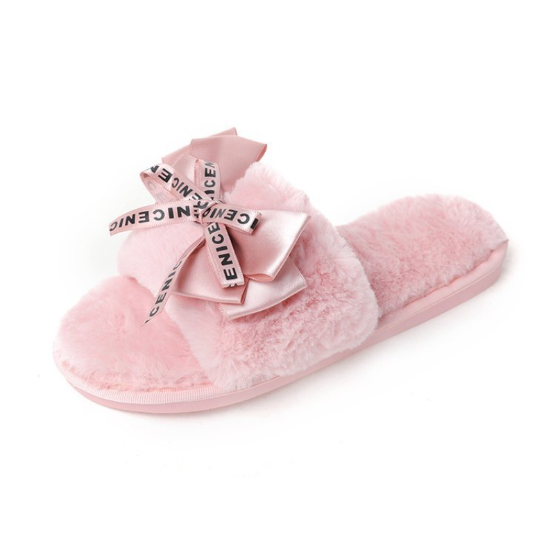 Women's Fuzzy Slide Slippers with Bow Tie- Catchfuns - Offers Fashion and Quality Sneakers