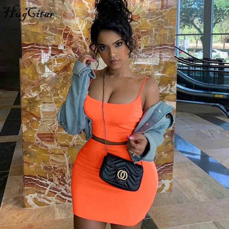 Hugcitar spaghetti straps sexy camis skirt 2 two piece set 2019 summer women fashion neon green orange solid party streetwear