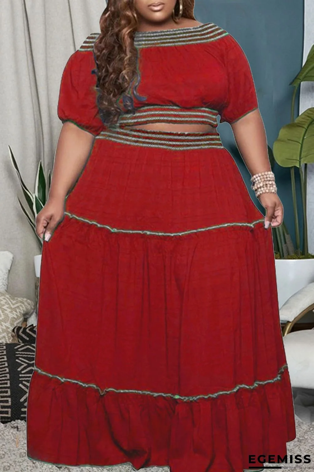 Red Casual Solid Patchwork Off the Shoulder Straight Plus Size Two Pieces | EGEMISS