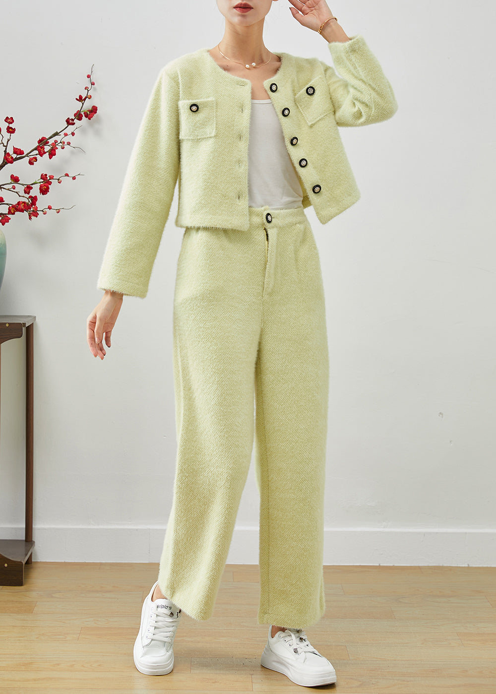 VCSHOES Fluorescent Green Thick Fuzzy Fur Fluffy Two Piece Set Outfits Fall