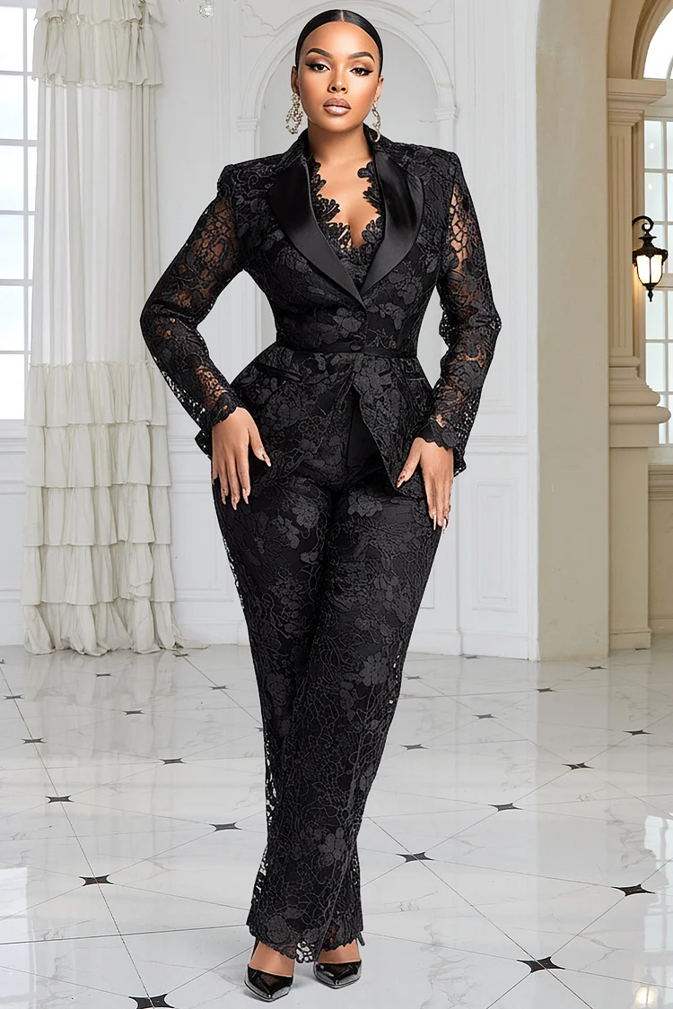 Xpluswear Design Plus Size Formal Black Lapel Collar Long Sleeve See Through Elegant Contrast Lace Two Piece Pant Suits [Pre-Order]