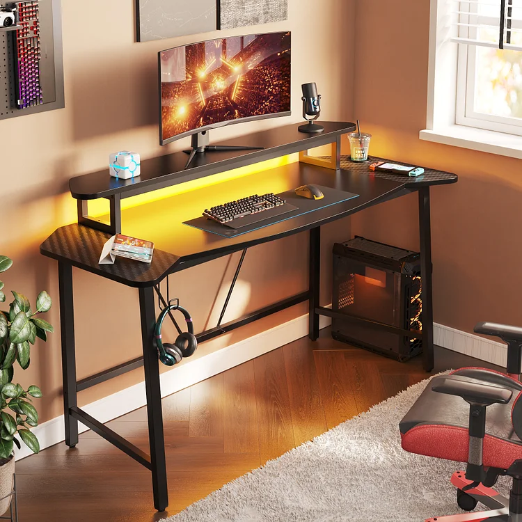 Bestier 63 inch Gaming Desk with LED Light Strip, Computer Desk with Monitor Stand 