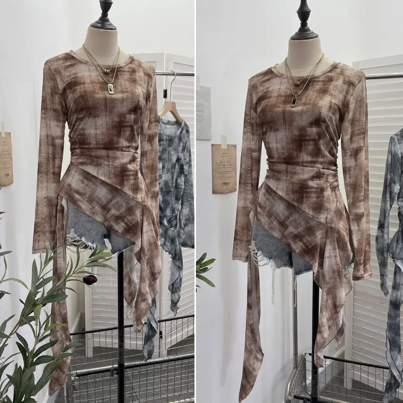 Nigikala Nigikala Print Double-Layer Mesh Long-Sleeved Top Design Feel Irregular Ribbon-Up T-Shirt 99981