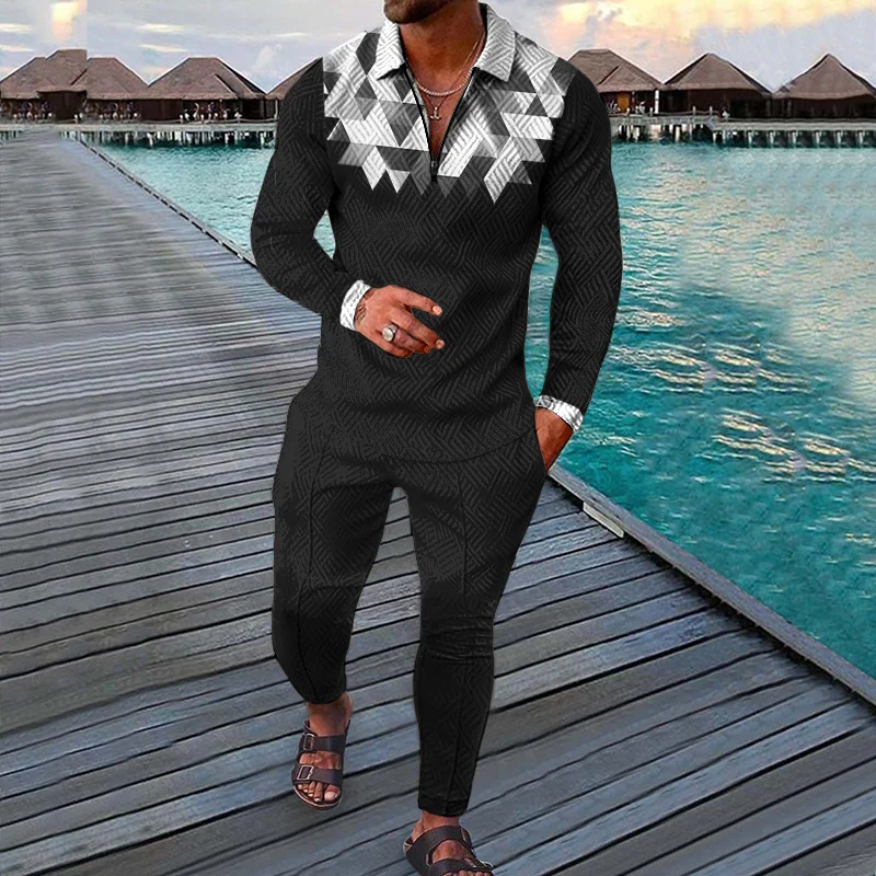 Colorblock Casual Long Sleeve Polo Shirt And  Pants Two Piece Set