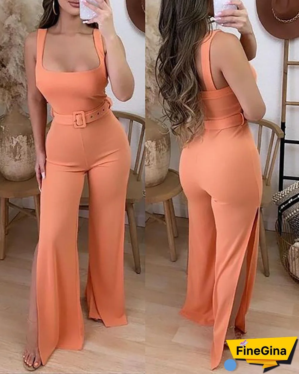 Thick Strap Backless Slit Jumpsuit With Belt