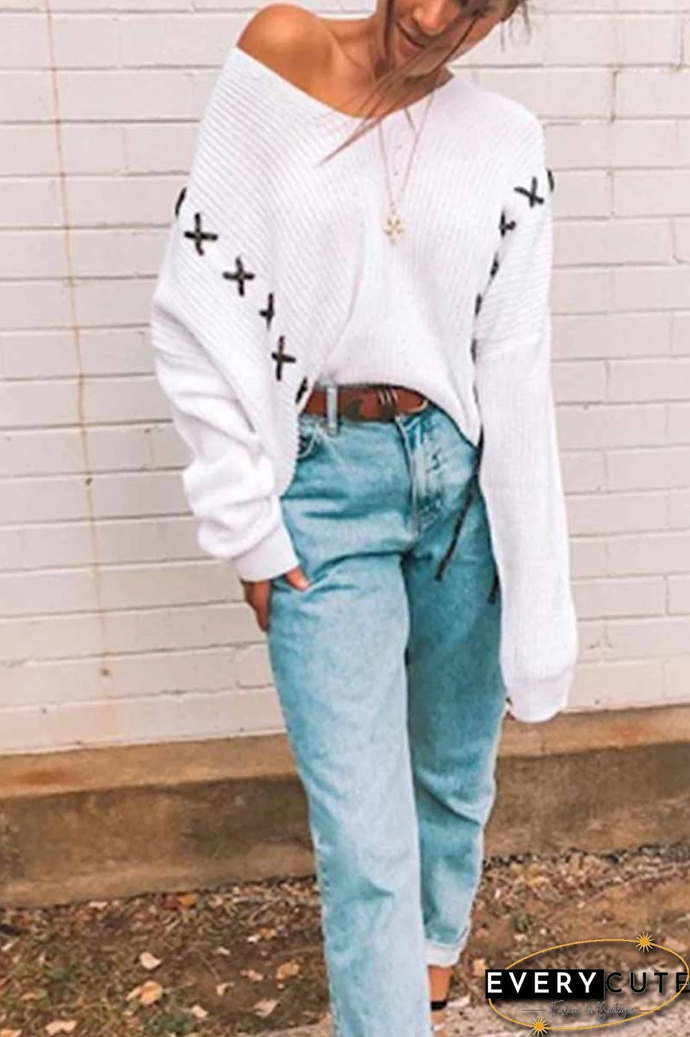 Solid Color V-Neck Loose Knit Sweater