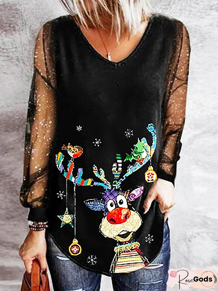 Party V Neck Christmas Deer Shirts & Tops