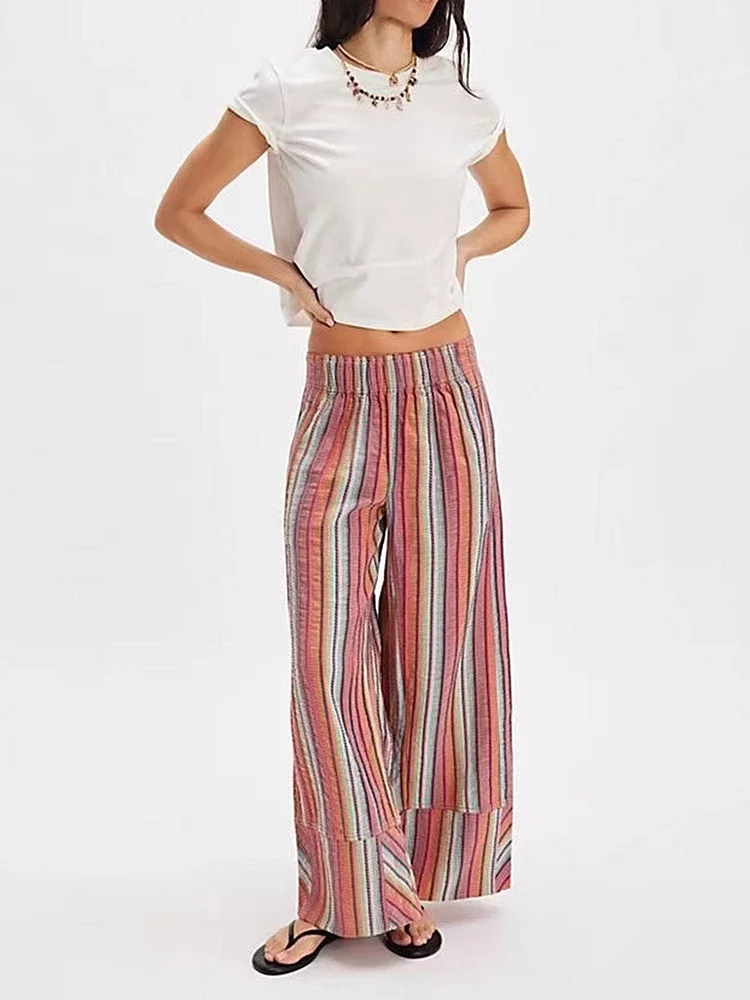 Elasticated Waist High Waisted Contrast Color Printed Split-Joint Striped Pants