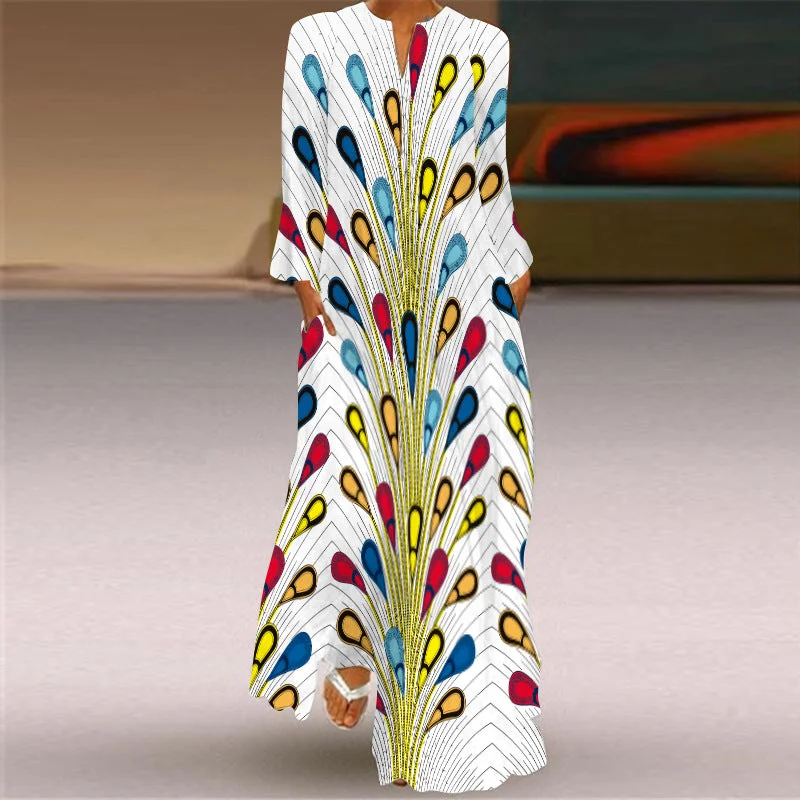 Uveng Long V-neck Printing Sleeve Pocket Printed Loose Dress