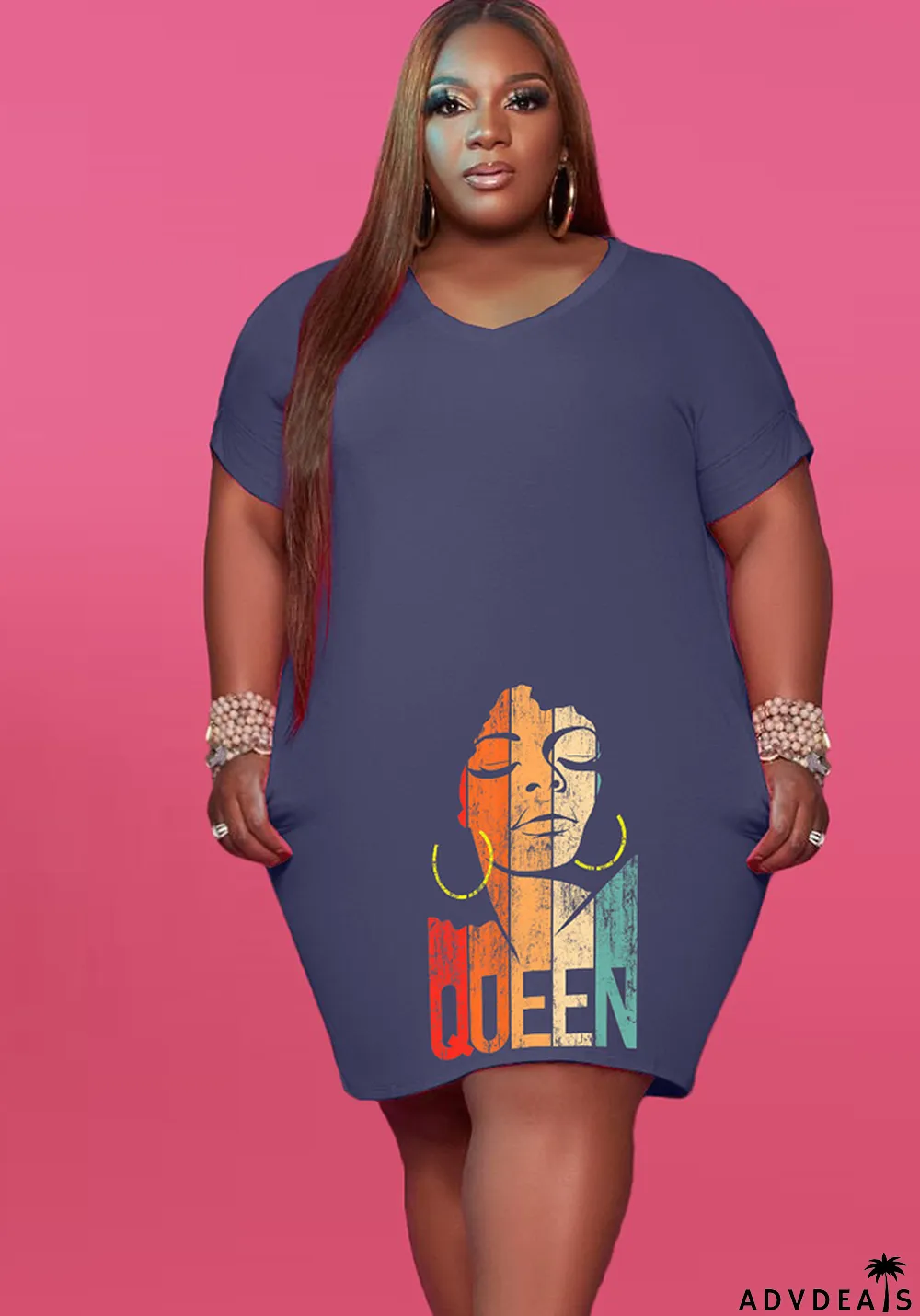 Women'S V Neck Solid Plus Size Women'S Fashion Casual Dress