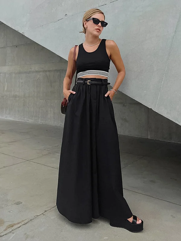 High Waisted Loose Pockets Solid Color Zipper Skirts Bottoms