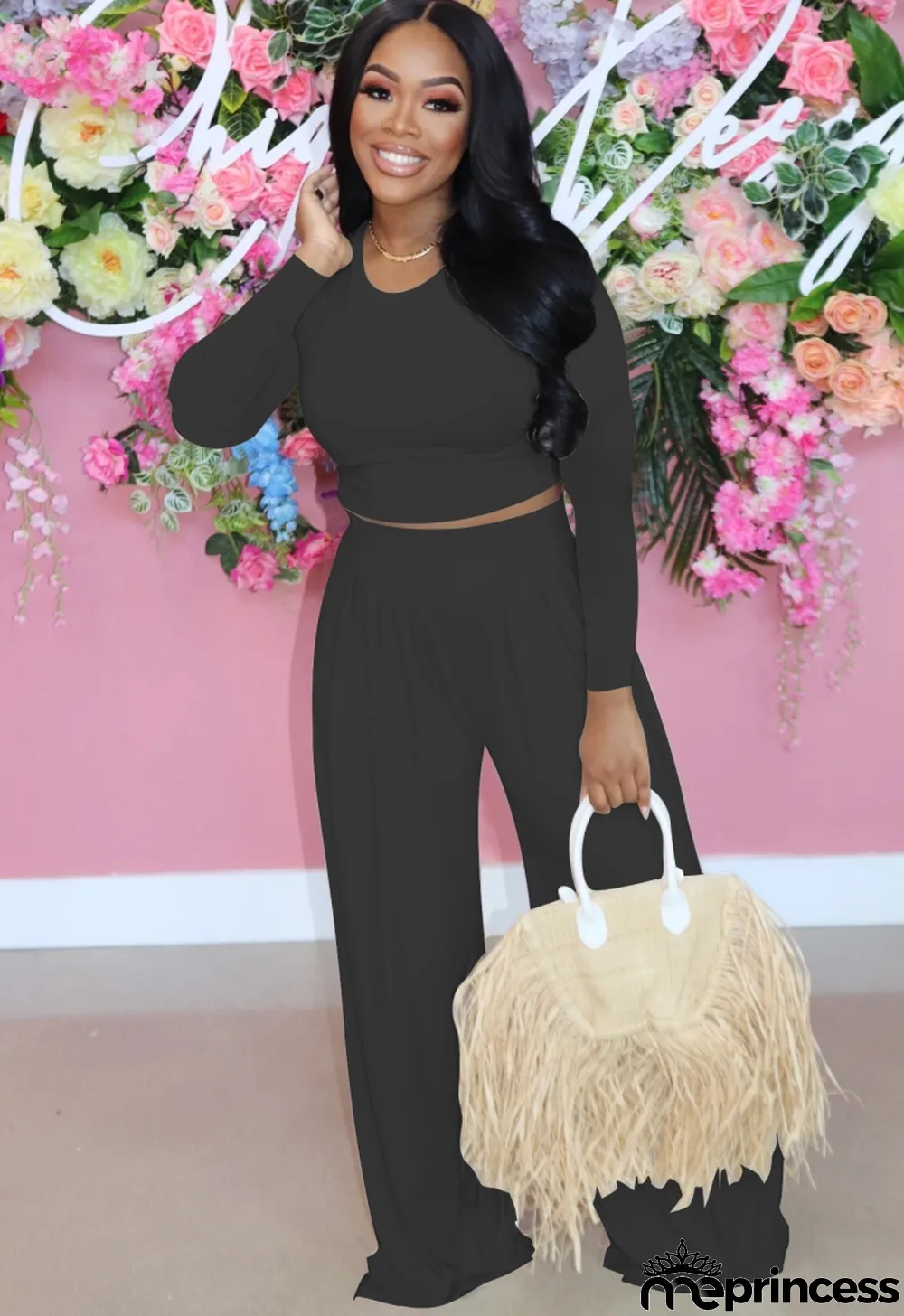 Fall Fashion Black Slim Long Sleeve Round Neck Crop Top And Matching Wide Pants Set