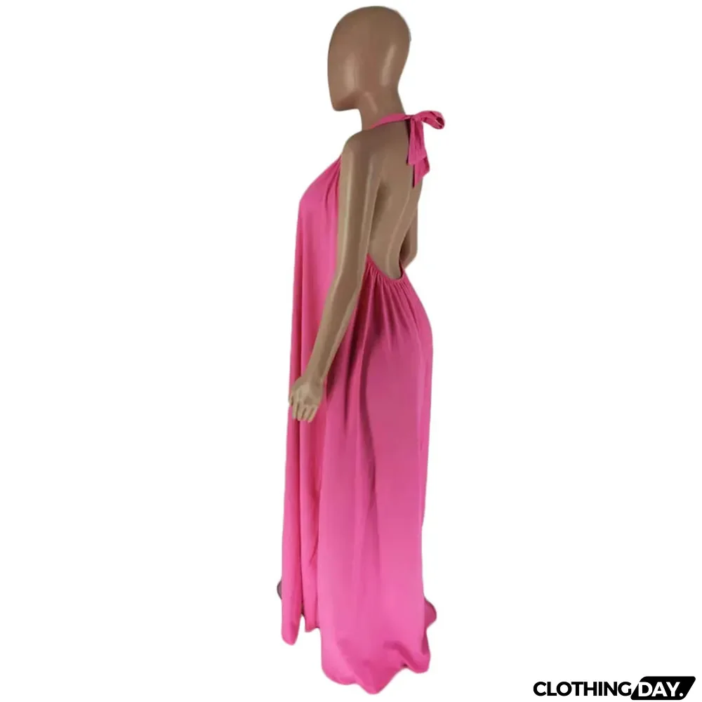 Summer Women's Sleeveless Halter Neck Sexy Low Back Solid Color Maxi Dress