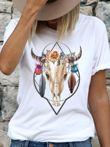 Bull Skull Feather Floral Fashion Women's T-Shirt