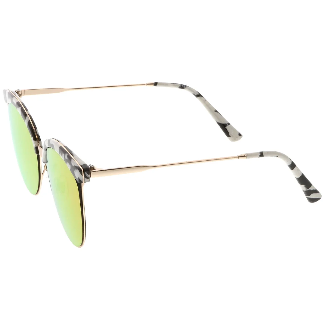 Modern Semi-Rimless Cat Eye glasses Cutout Round Mirrored Flat Lens 55mm