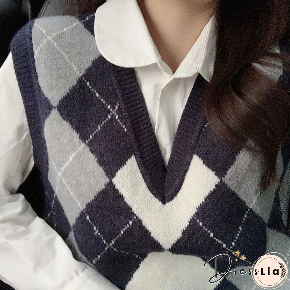 Checkered Cropped Knitted Tank Argyle Sleeveless Jumper