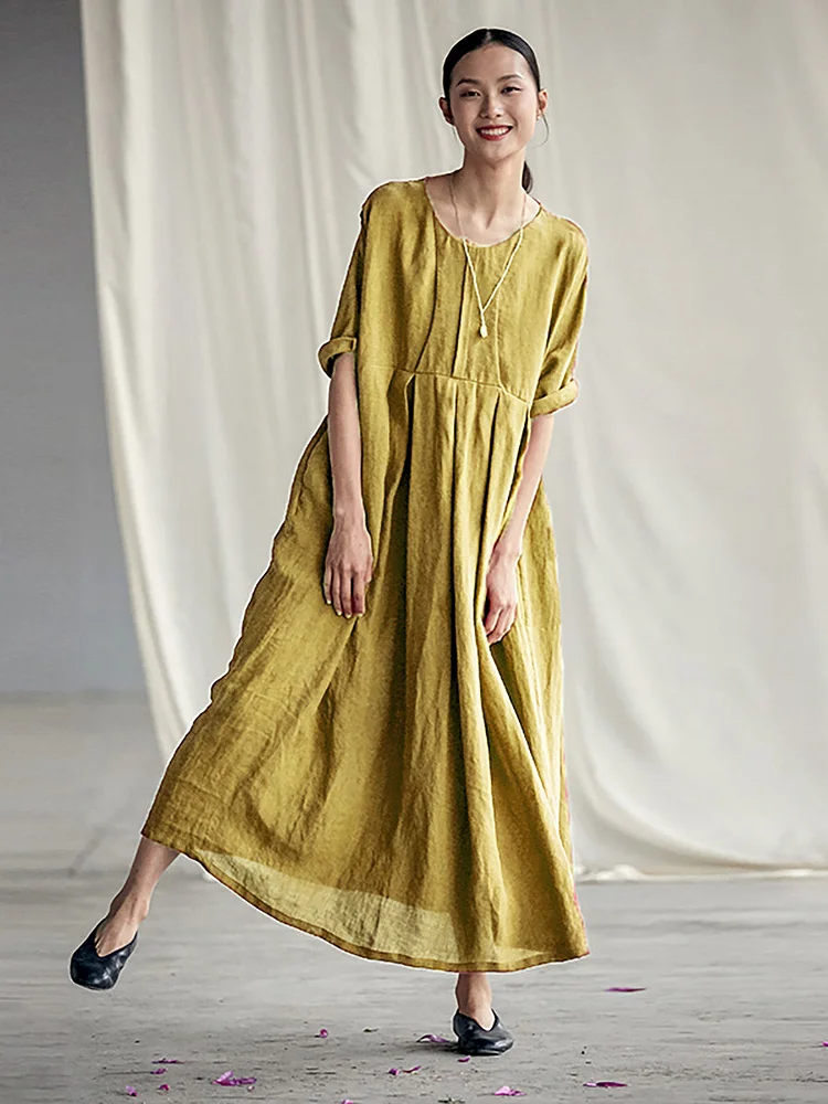 Plus Size - Chinese Style Elegant Pleated Loose Linen Dress