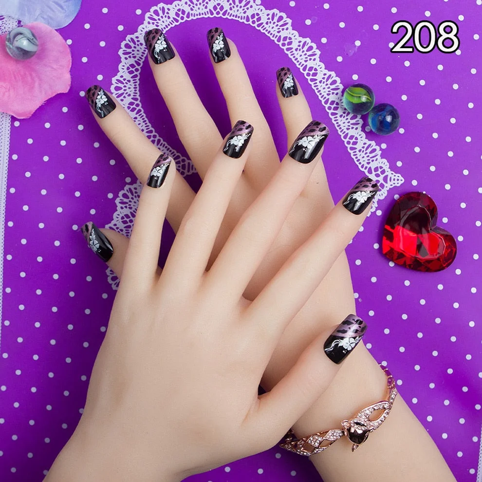 Fashion 24pc/set 10 Sizes Fake Nails Full Cover French False Nail Tips With Double-Sided Nail Adhesive Sticker 208-Nail Inspo