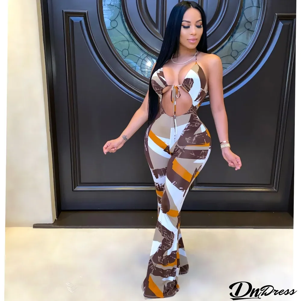 Sexy Printed Halter Backless Flared Jumpsuits