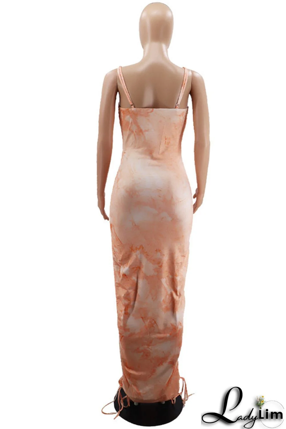 Orange Fashion Sexy Print Tie Dye Draw String Backless Spaghetti Strap Long Dress