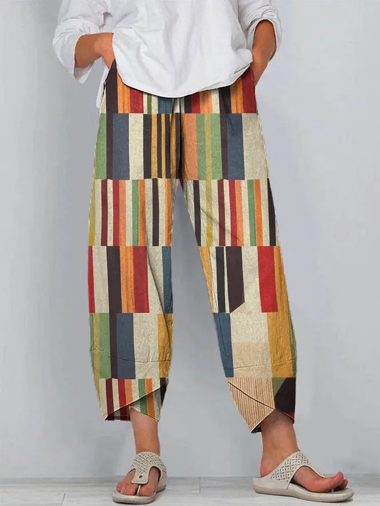 Women's Abstract Geometric Pattern Art Printed Cotton And Linen Casual Pants