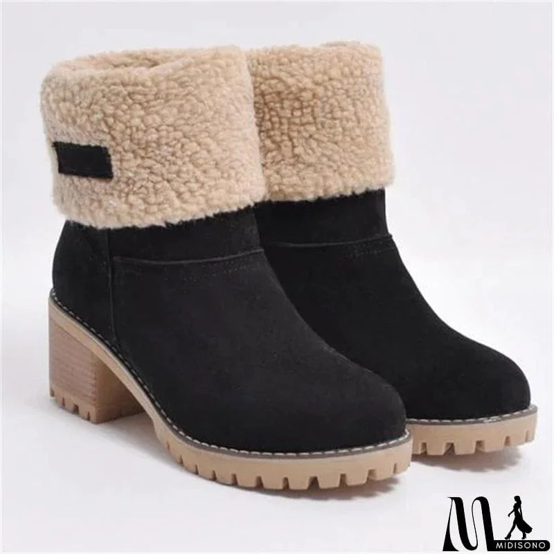 MidiSono - Warm Fur Lining Square Chunky Heel Suede Snow Boots for Women