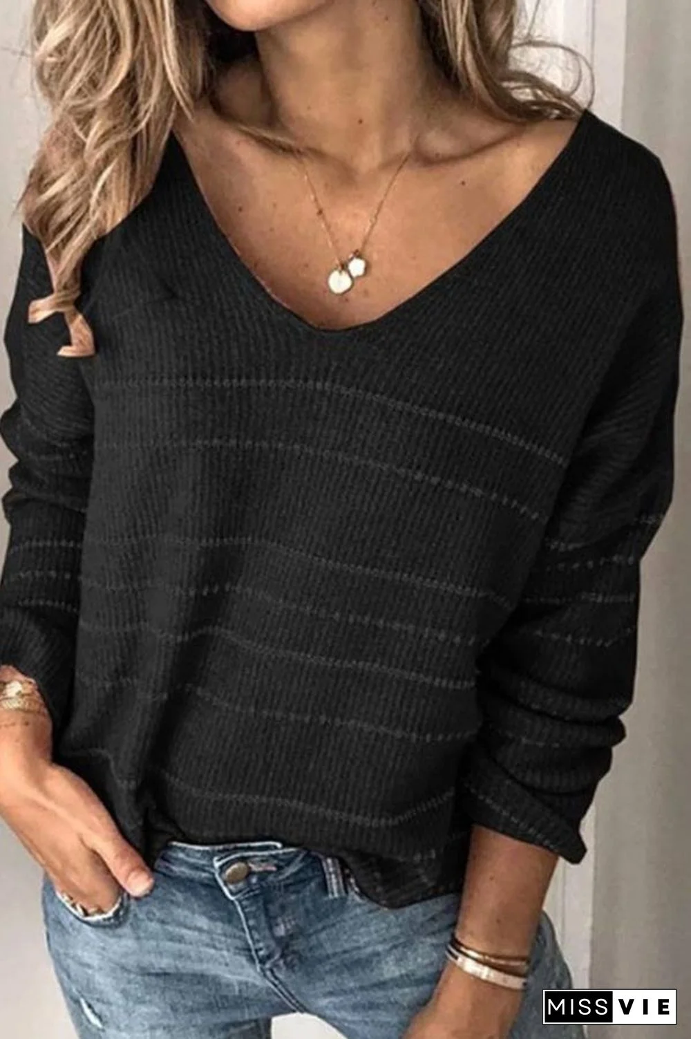 Casual V Neck Striped Sweater