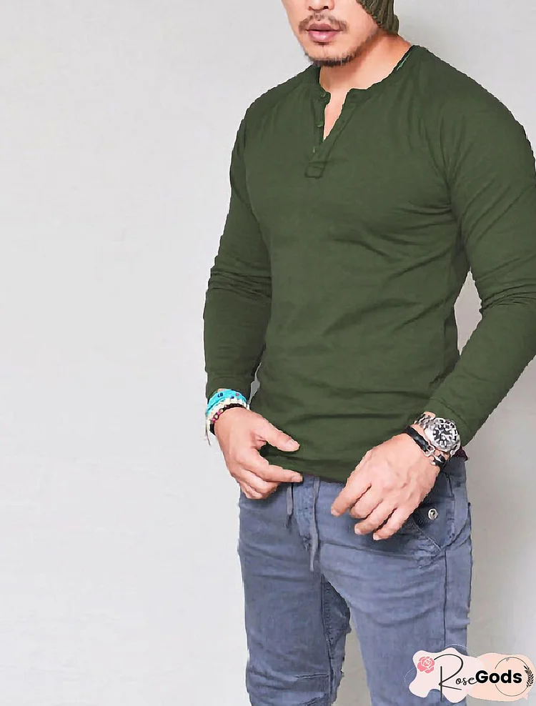 Men's Tee T Shirt Solid Colored Button Long Sleeve Causal Tops Basic Classic Big and Tall