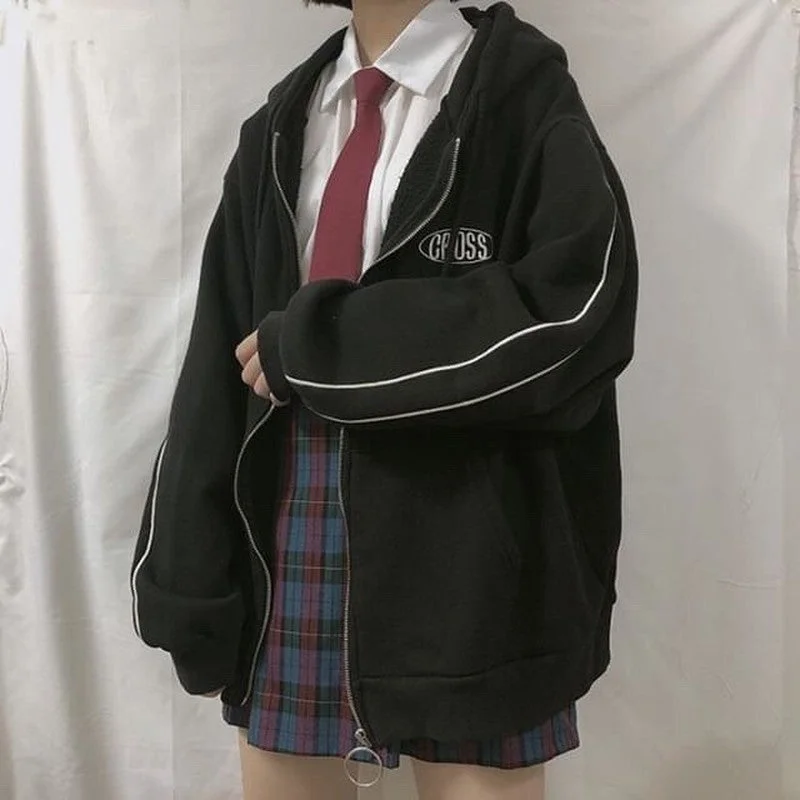 streetwear Harajuku Oversized sweatshirt women print Letter zip up Hoodies Student Plus Size Outwear Female Loose tops