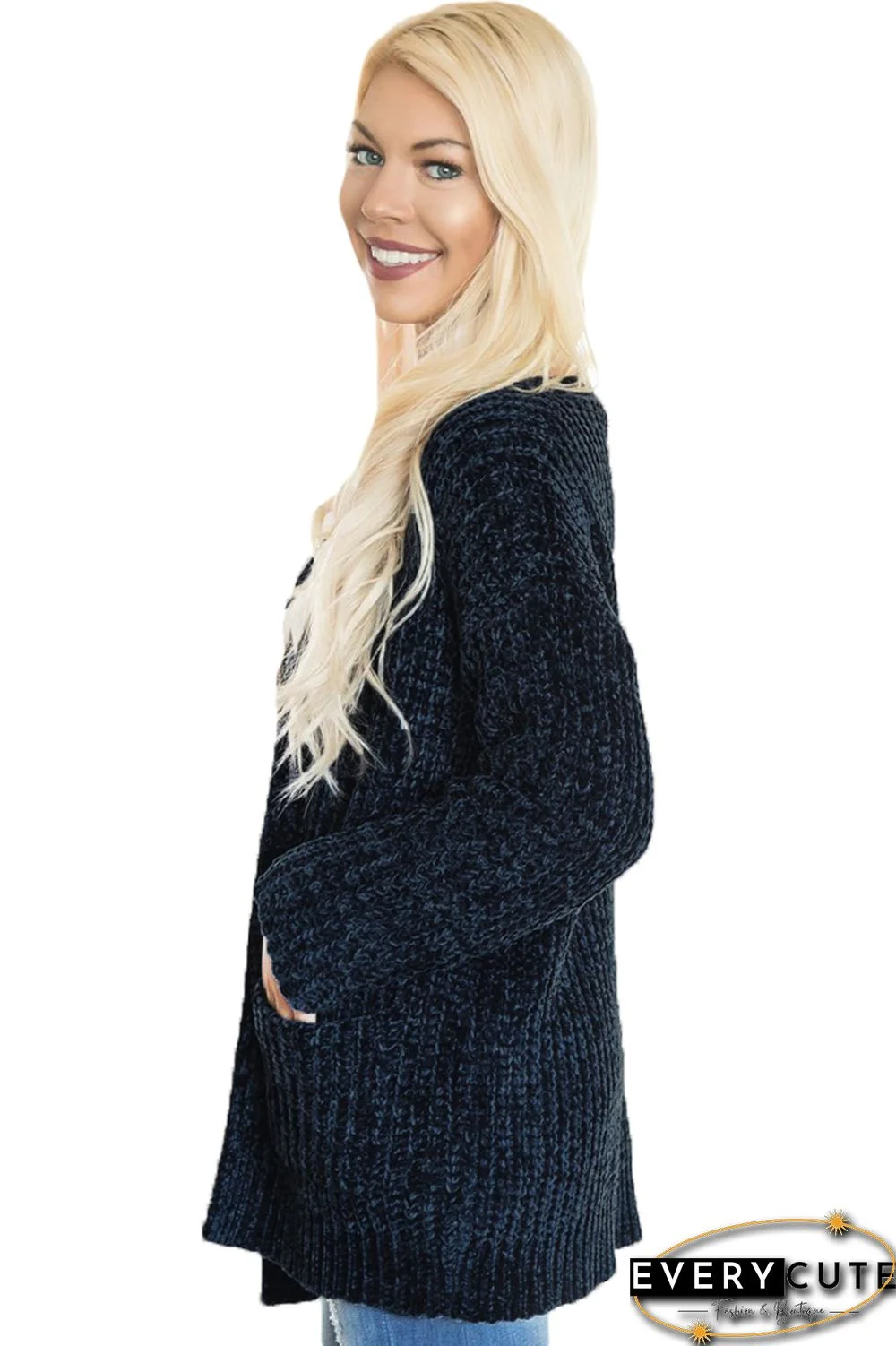Navy Long Sleeved Sweater Cardigan with Pockets