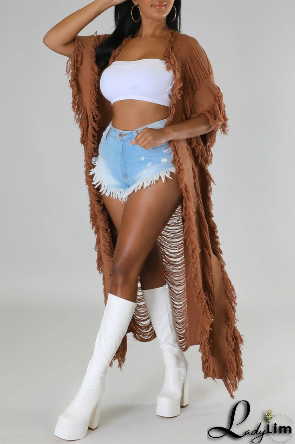 Black Fashion Casual Solid Tassel Patchwork Cardigan Outerwear