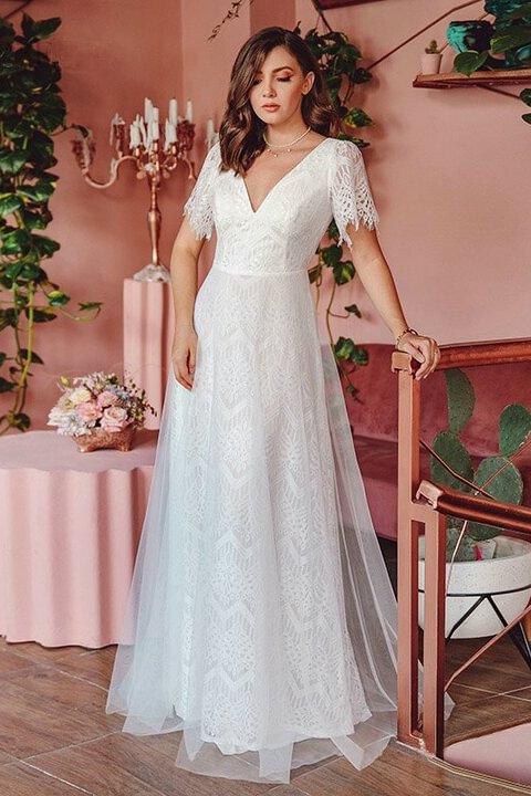 Summer Beach Lace Short Sleeve Long Wedding Dress - lulusllly