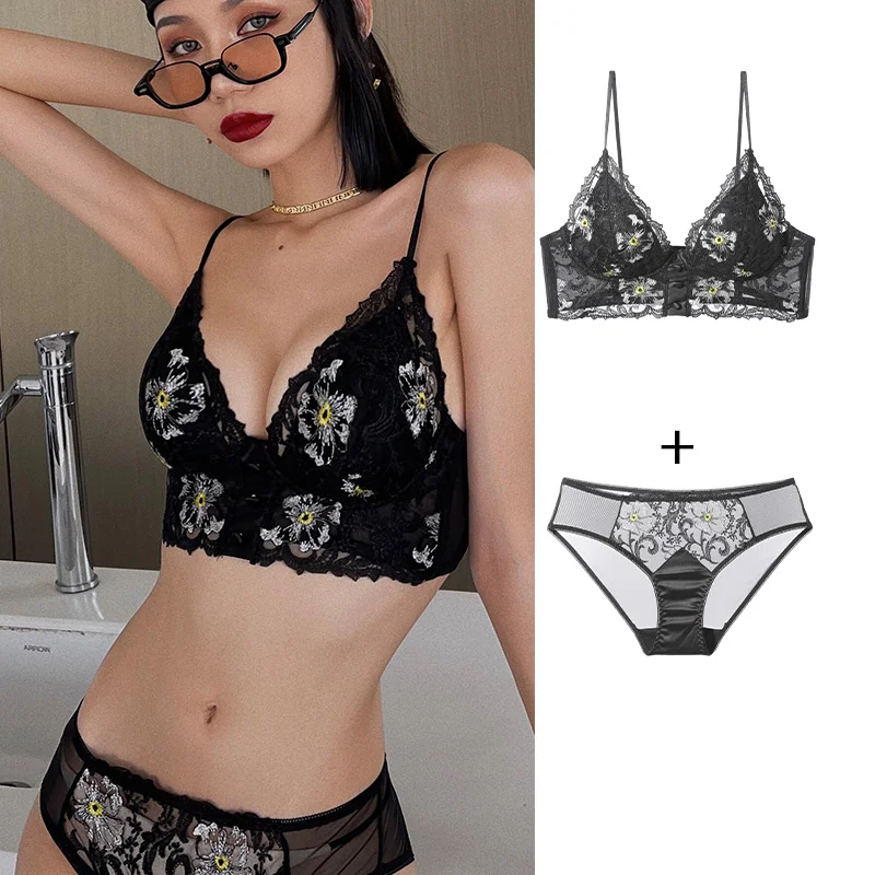 Billionm French Romantic Bralette Lingerie Sexy Ultra-thin Lace Flowers Embroidery Brassiere Women Triangle Wireless Push Up Bra Set