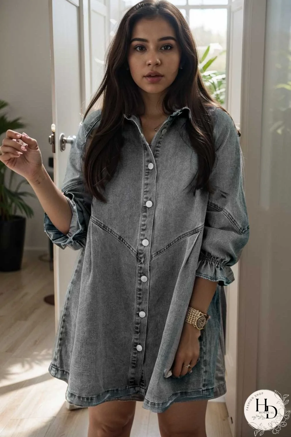 down loose short sleeve denim jean dress drop shoulder a line paneled peasant closed bateau v neck dress