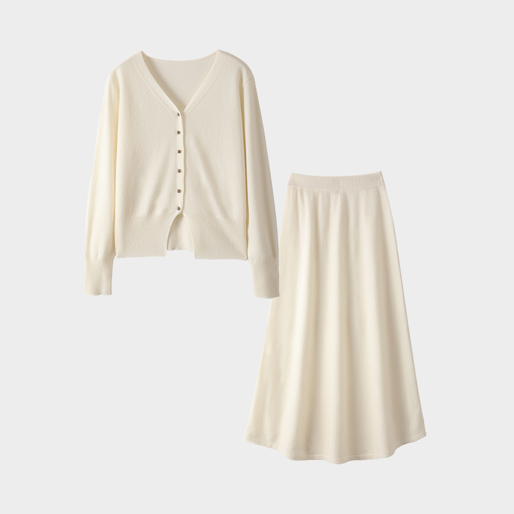 Women's Classic Tailored Off-White Cashmere Cardigan and Skirt Set | Casual Wear REAL SILK LIFE