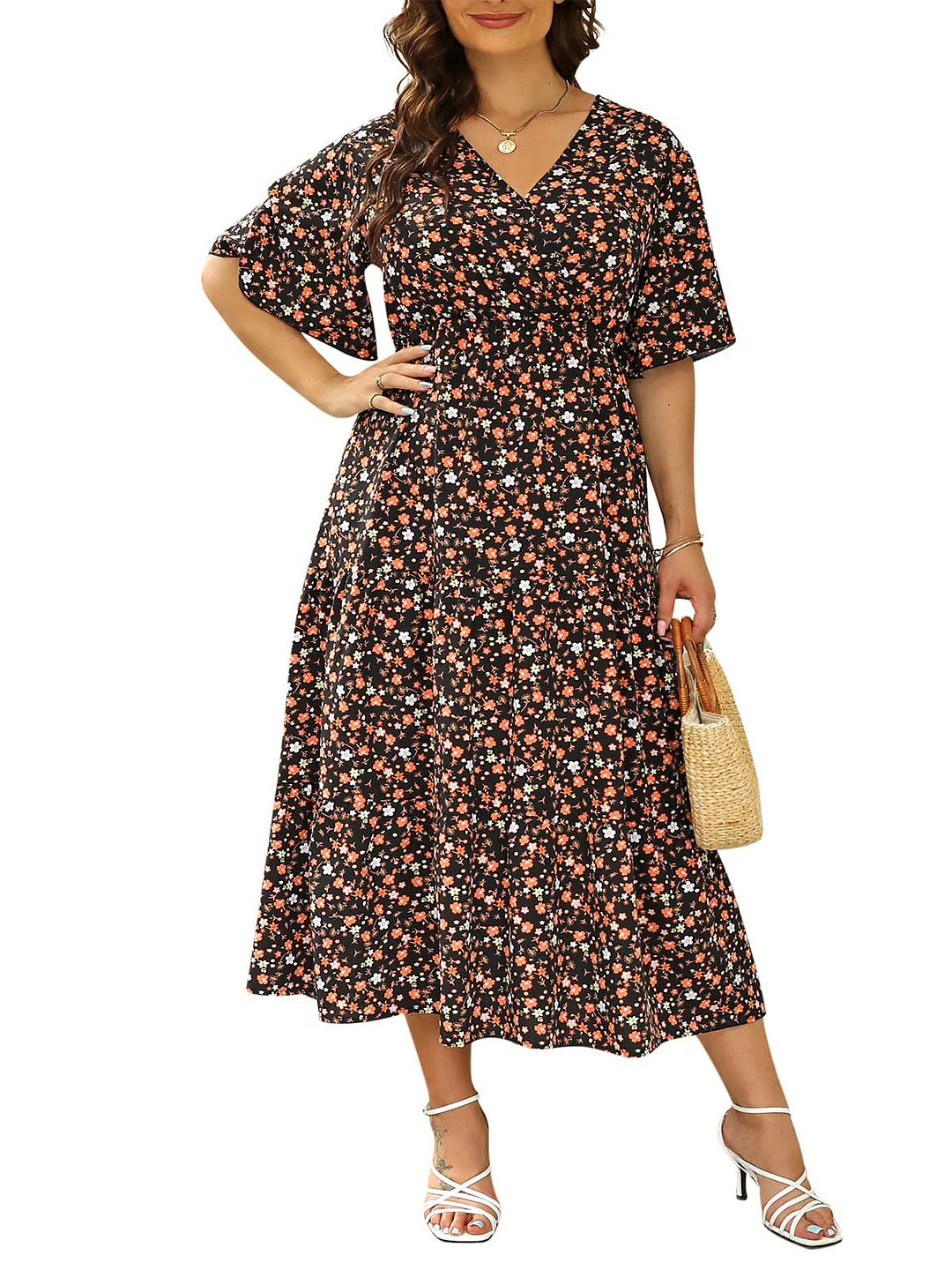 Women's Short Sleeve V-neck Graphic Floral Printed Midi Dress